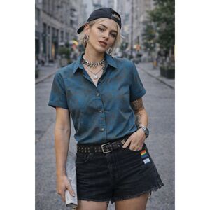 WILDFANG Blue Pattern The Essential Short Sleeve Button Up Shirt Women's Size XS